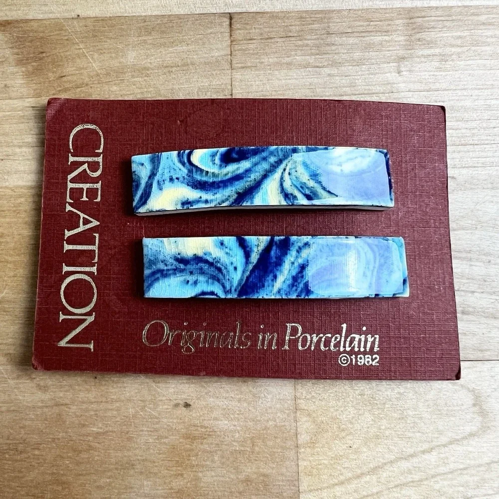 Vintage Pair Porcelain Hair Barrettes Creation 1982 Blue Swirl NEW